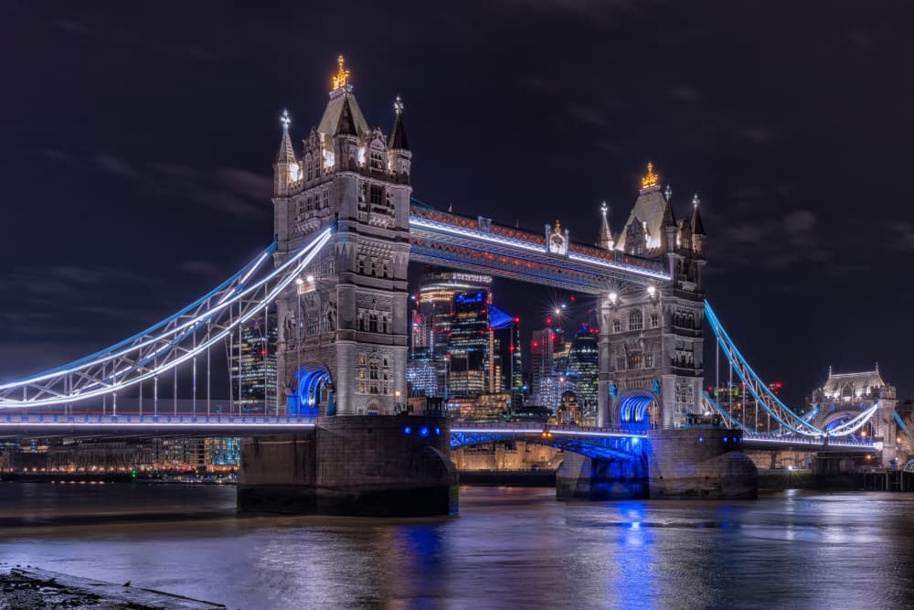 Illuminated Tower Bridge Night by Michael Kalika — canvas wall art