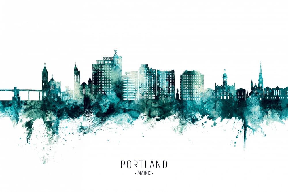 Watercolor Portland Maine Skyline by Michael Tompsett — canvas wall art
