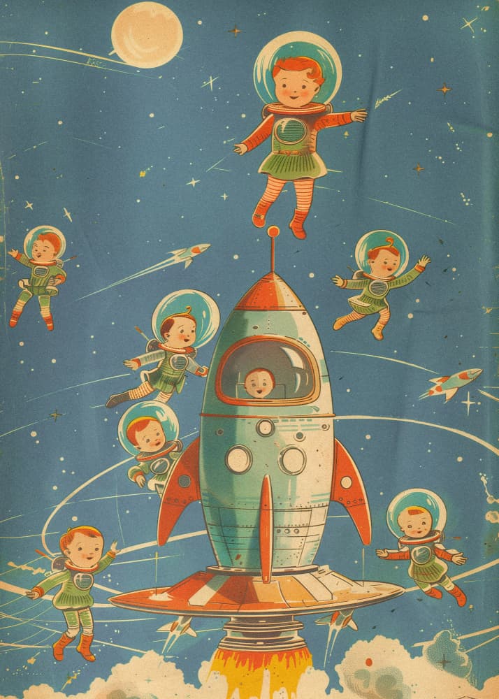 Retro Astronaut Kids by Pictufy Studio IV — canvas wall art