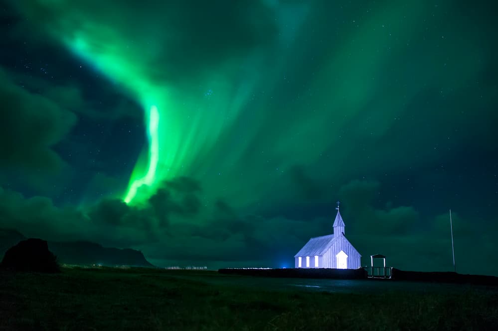 Budir Church Northern Lights by Andrea Auf dem Brinke — canvas wall art