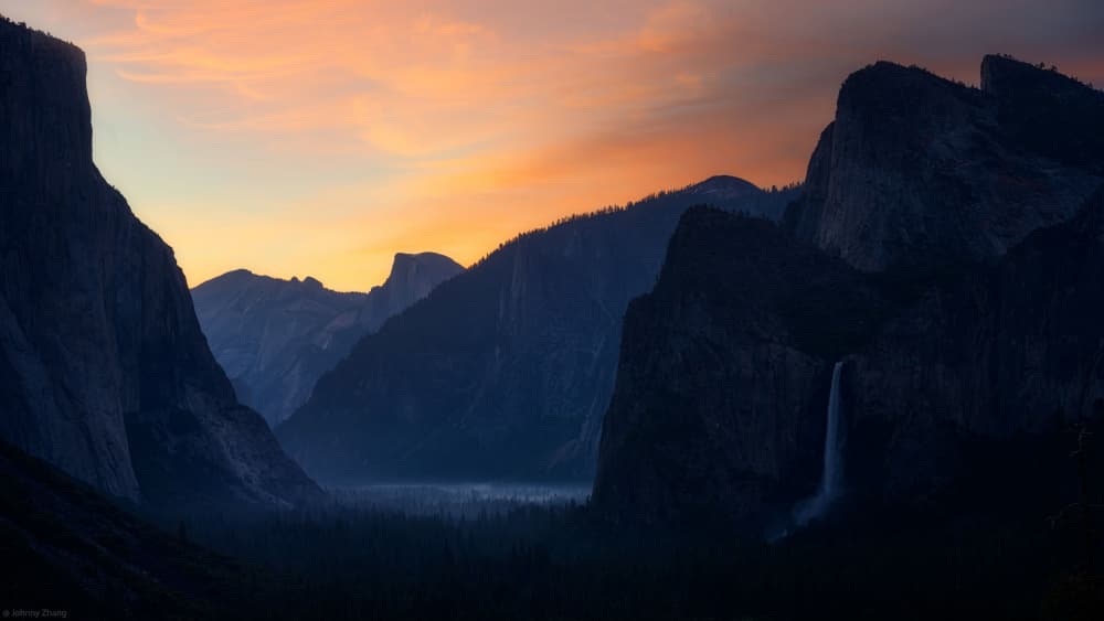 Misty Valley Waterfall Dawn by Johnny Zhang — canvas wall art