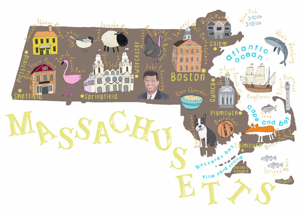Massachusetts Illustrated Map by Carla Daly — canvas wall art