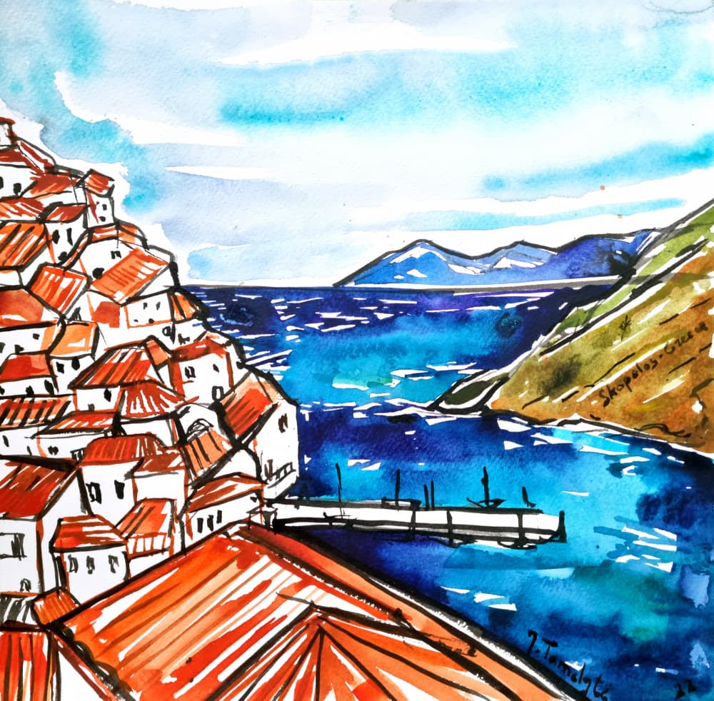 Vibrant Greek Coastal Village by Julija Belickienė — canvas wall art
