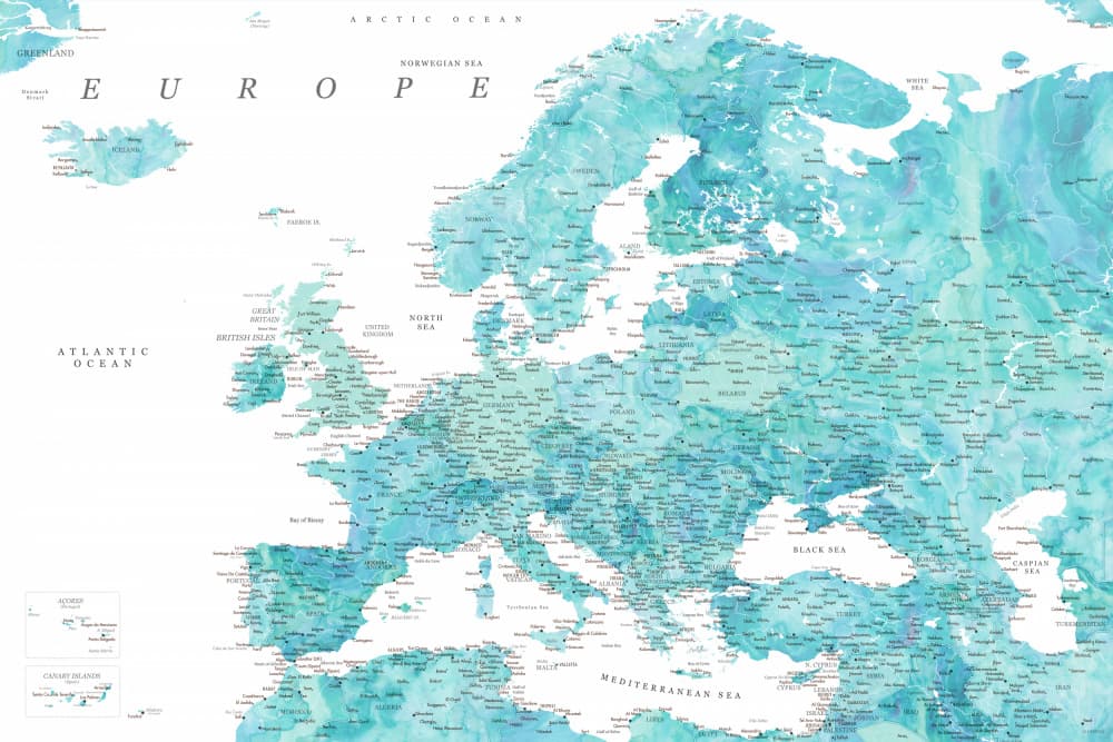Watercolor Europe Map by Rosana Laiz Blursbyai — canvas wall art