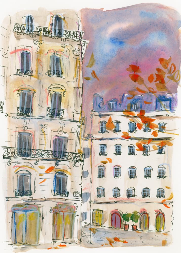 Paris street corner with purple sky by Katharina Puritscher — canvas wall art