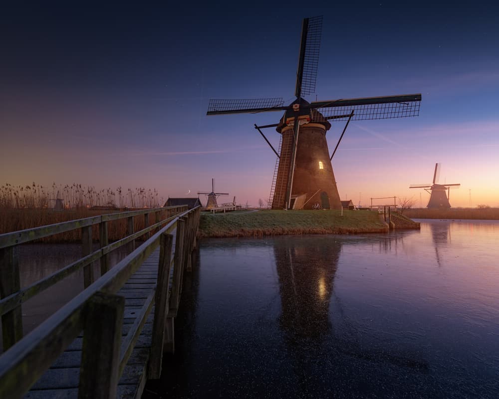 Dutch Windmills Twilight by Juan Pablo de Miguel — canvas wall art