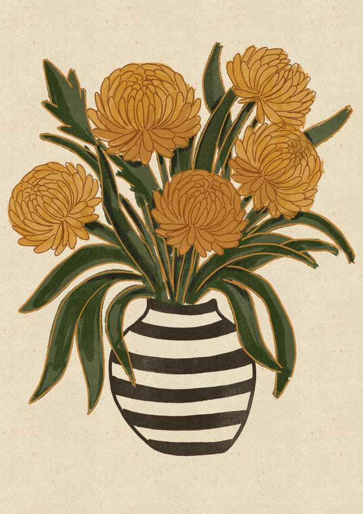 Yellow Chrysanthemums Striped Vase by Nicholas — canvas wall art