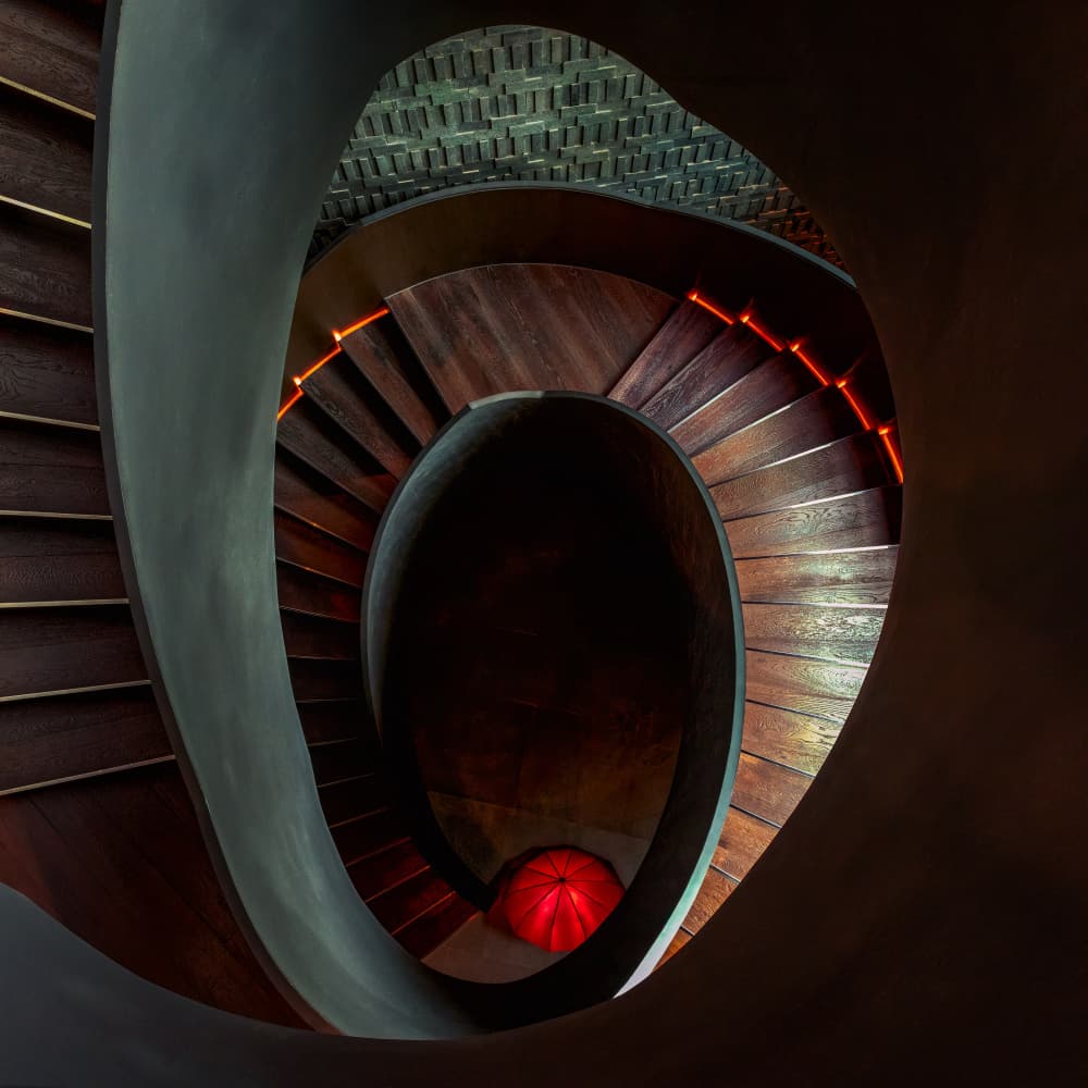 Red Umbrella Spiral Stairs by konglingming — canvas wall art