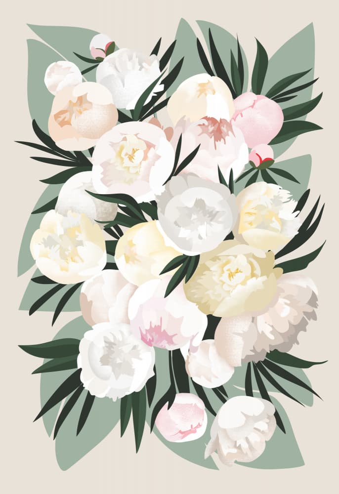 Dara bouquet with leaves and peonies by Rosana Laiz Blursbyai — canvas wall art