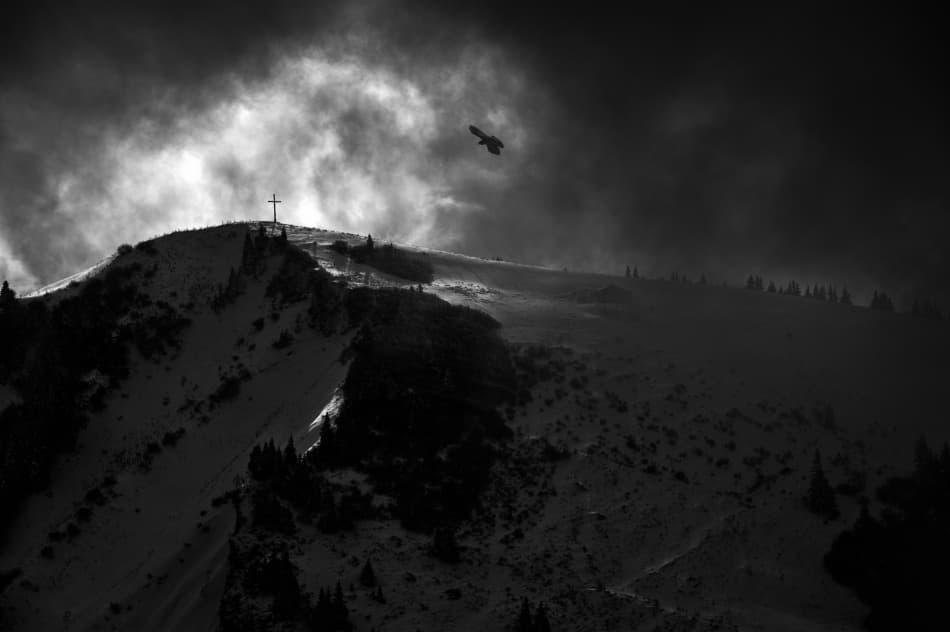 Eagle Above Mountain Cross by Christoph Hessel — canvas wall art