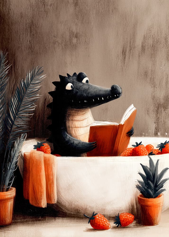Crocodile Reading in Bath by Justyna Jaszke — canvas wall art