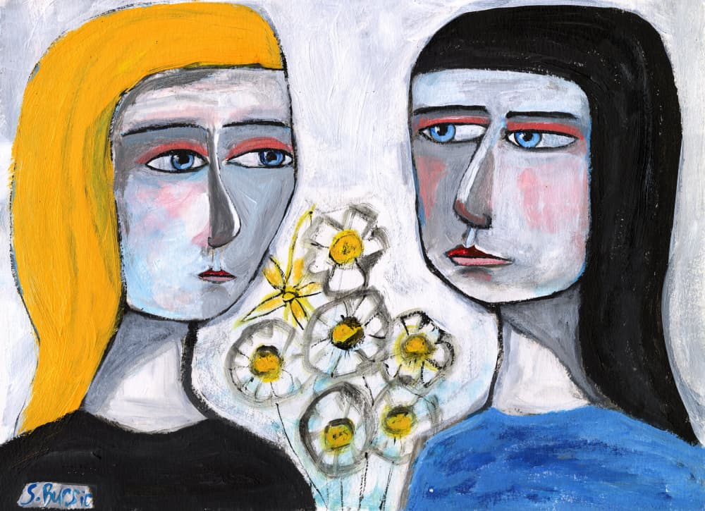 Two Women And Daisies by Sharyn Bursic — canvas wall art