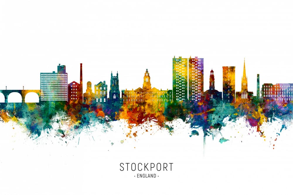 Stockport Watercolor Skyline by Michael Tompsett — canvas wall art