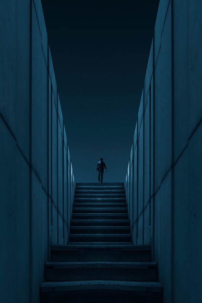 Man Ascending Dark Stairs by Ibrahim Nabeel — canvas wall art