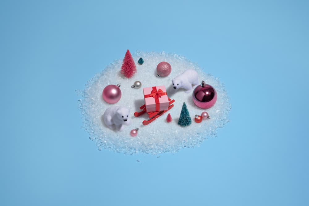 Pink Christmas Polar Bears by Julia Ramiro — canvas wall art