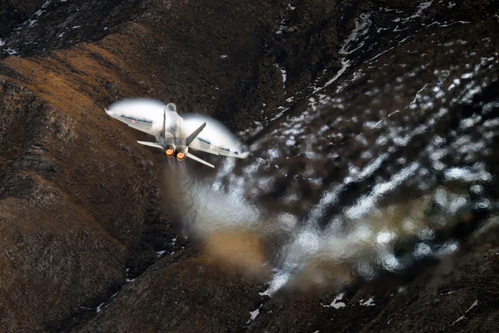 Fighter Jet Mountain Flight by Piotr Wrobel — canvas wall art