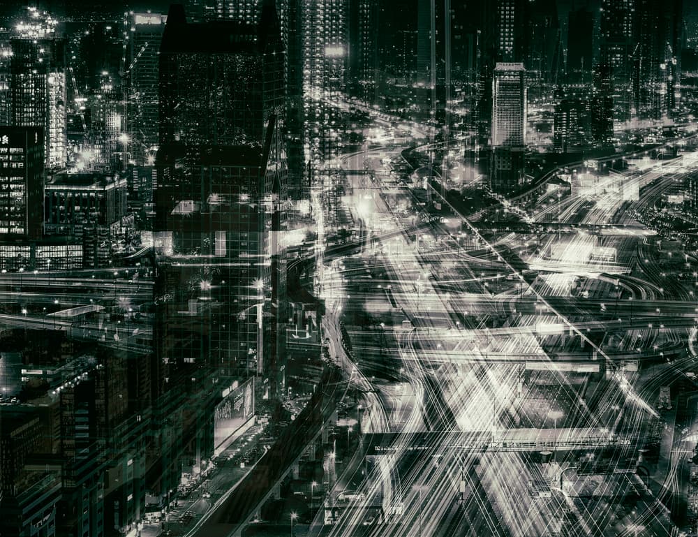 Metropolis Light Trails by Ahmed Thabet — canvas wall art