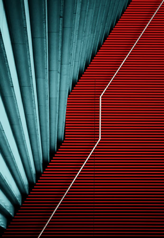 Dynamic Red Staircase by Tomasz Buczkowski ( Tomush ) — canvas wall art