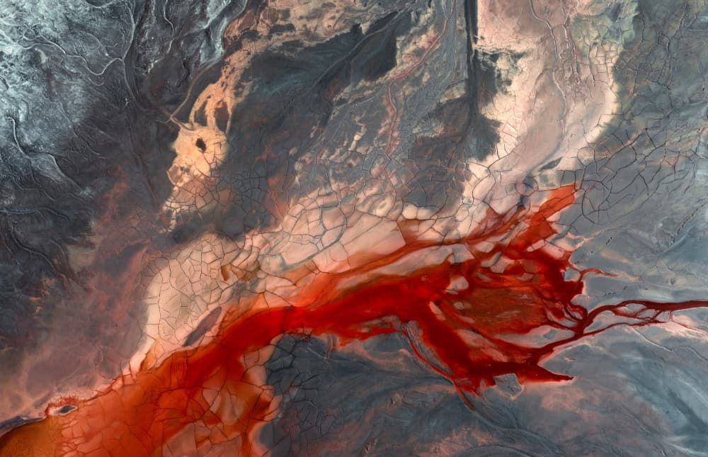 Vibrant Red River Landscape by Aidong Ning — canvas wall art