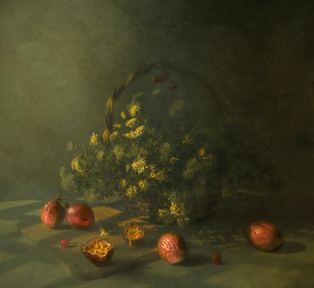 Moody Passion Fruit Flowers by Judy Tseng — canvas wall art