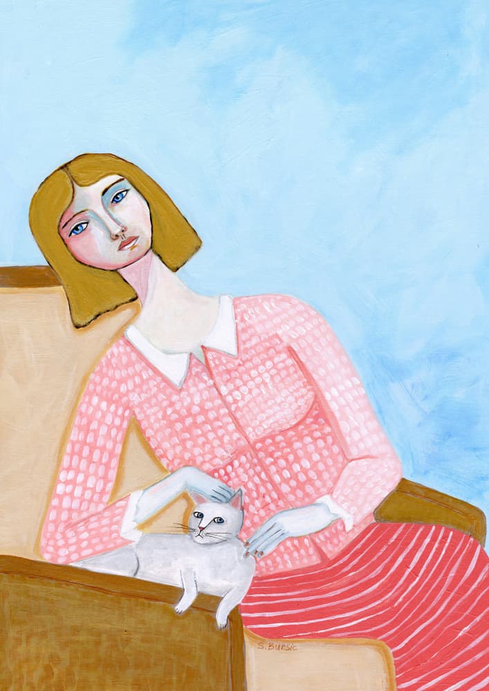 Thoughtful Woman Petting Cat by Sharyn Bursic — canvas wall art