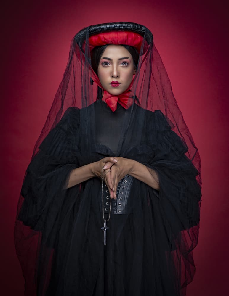 Crimson Veiled Portrait by DEBASISH CHATTOPADHYAY — canvas wall art
