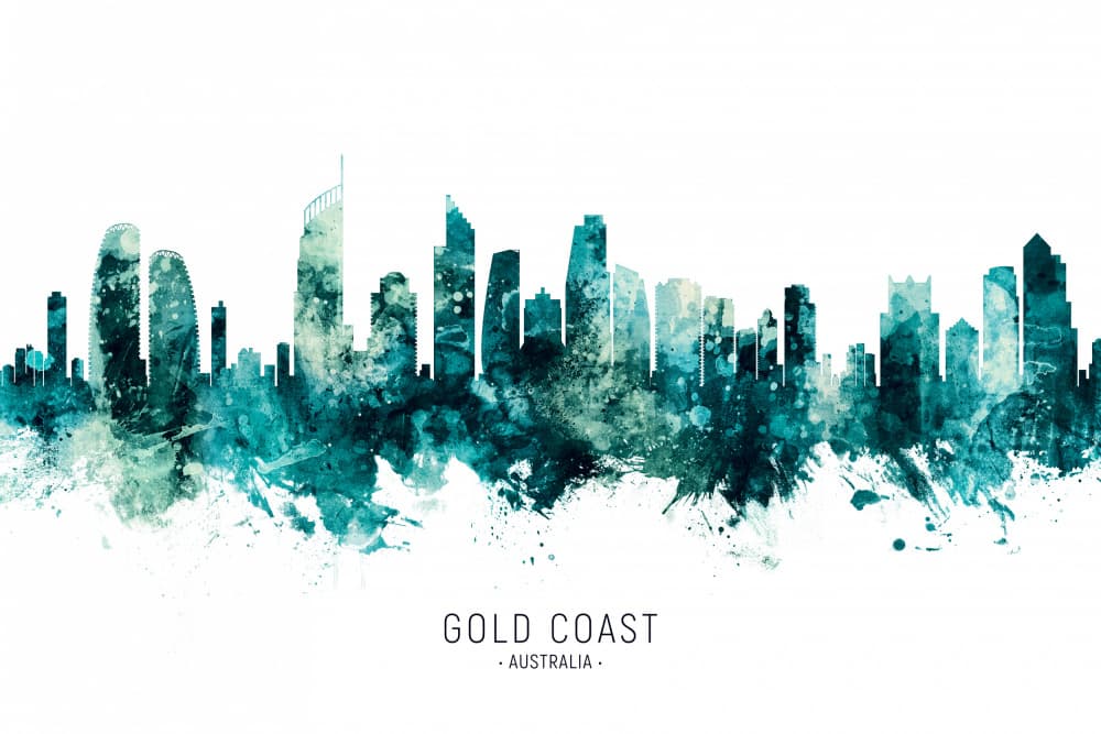 Gold Coast Watercolor Skyline by Michael Tompsett — canvas wall art