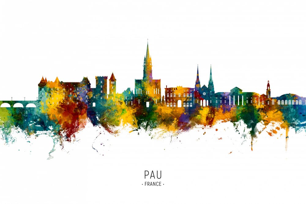 Pau France Watercolor Skyline by Michael Tompsett — canvas wall art