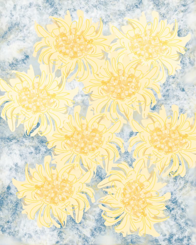 Yellow Blooms Blue Marbling by Sannel Larson — canvas wall art