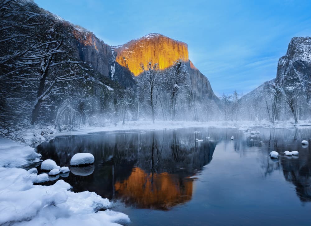 Golden Winter Mountain Reflections by NanZ — canvas wall art