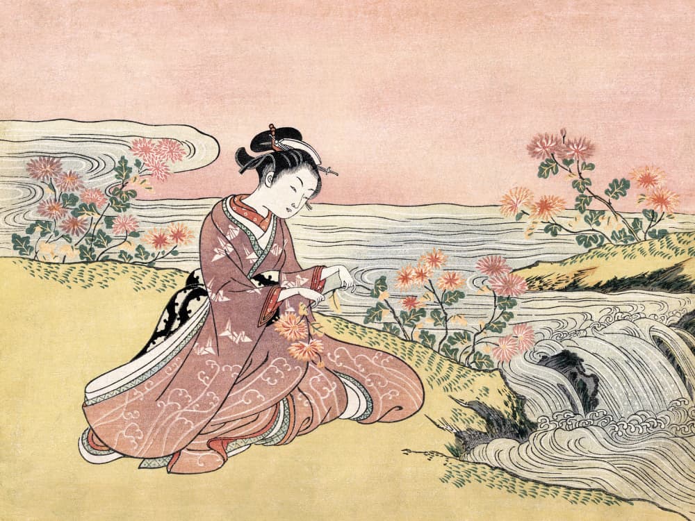 Japanese Woman Picking Chrysanthemum (1725 1770) Vintage Woodblock Print by PictufySuzuki Harunobu — canvas wall art