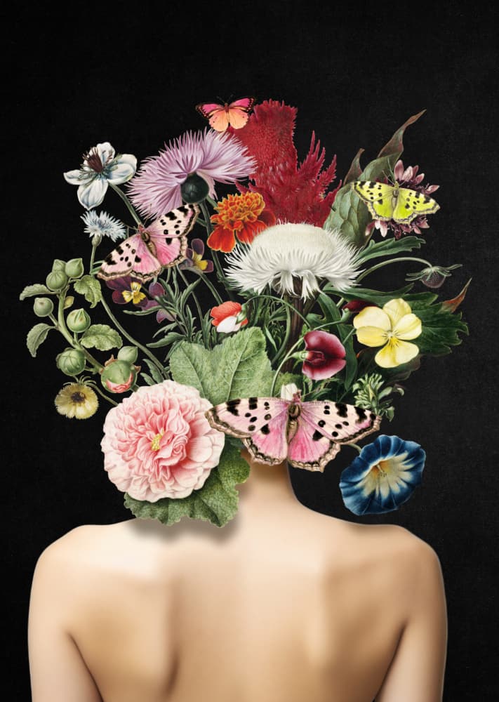 Woman with Flower Head by Marja van den Hurk — canvas wall art