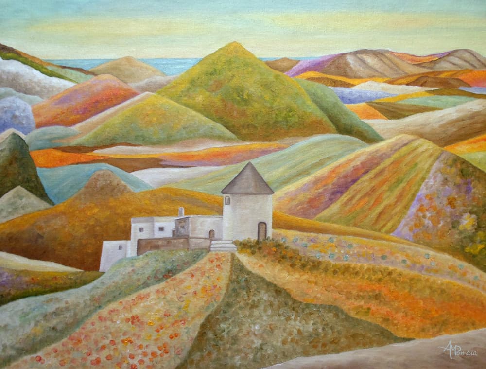 Colorful Hillside Mill by Angeles M. Pomata — canvas wall art