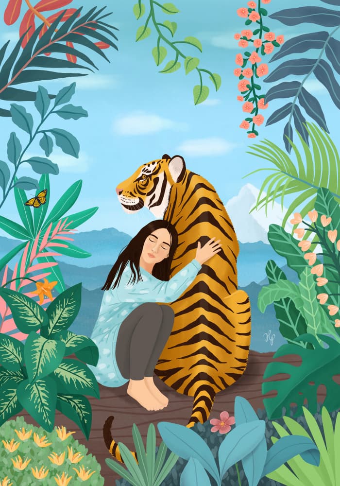 Woman Tiger Embrace by Petra Holíková — canvas wall art