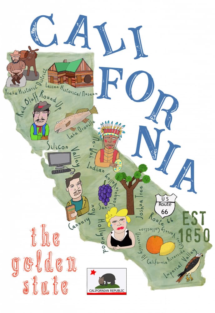 Illustrated California Map by Carla Daly — canvas wall art