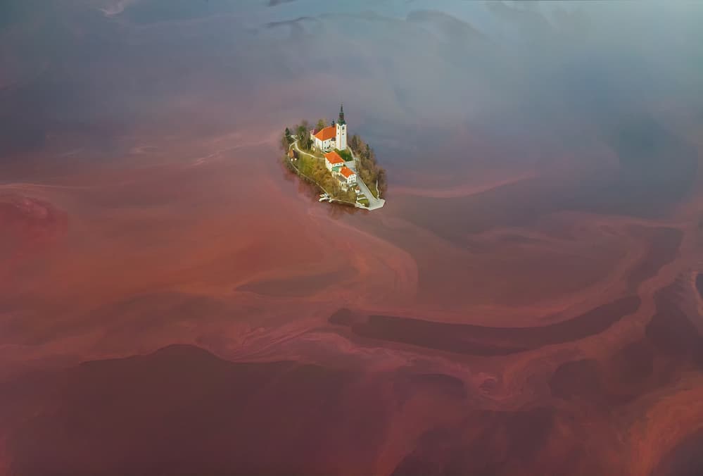 Bled Island Crimson Lake by Ales Komovec — canvas wall art