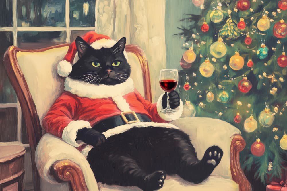 Santa Cat With Wine by Melloi Art Prints — canvas wall art
