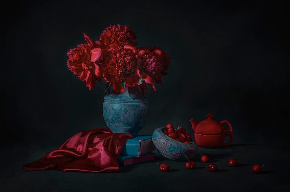 Dark Peonies And Cherries by Lydia Jacobs — canvas wall art
