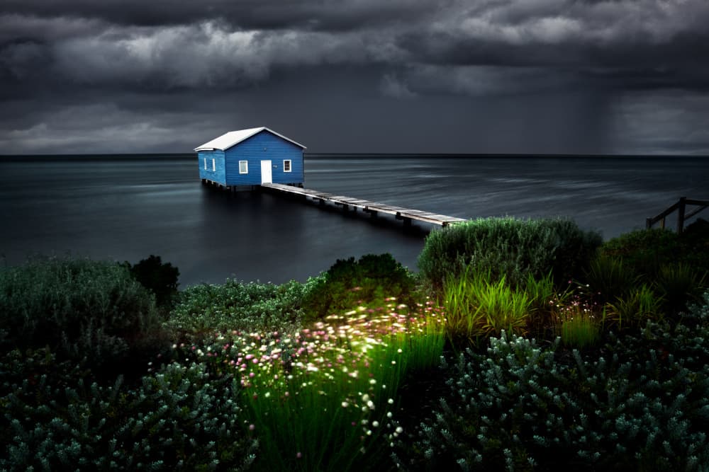 Moody Blue Boathouse by Mark Boyle — canvas wall art