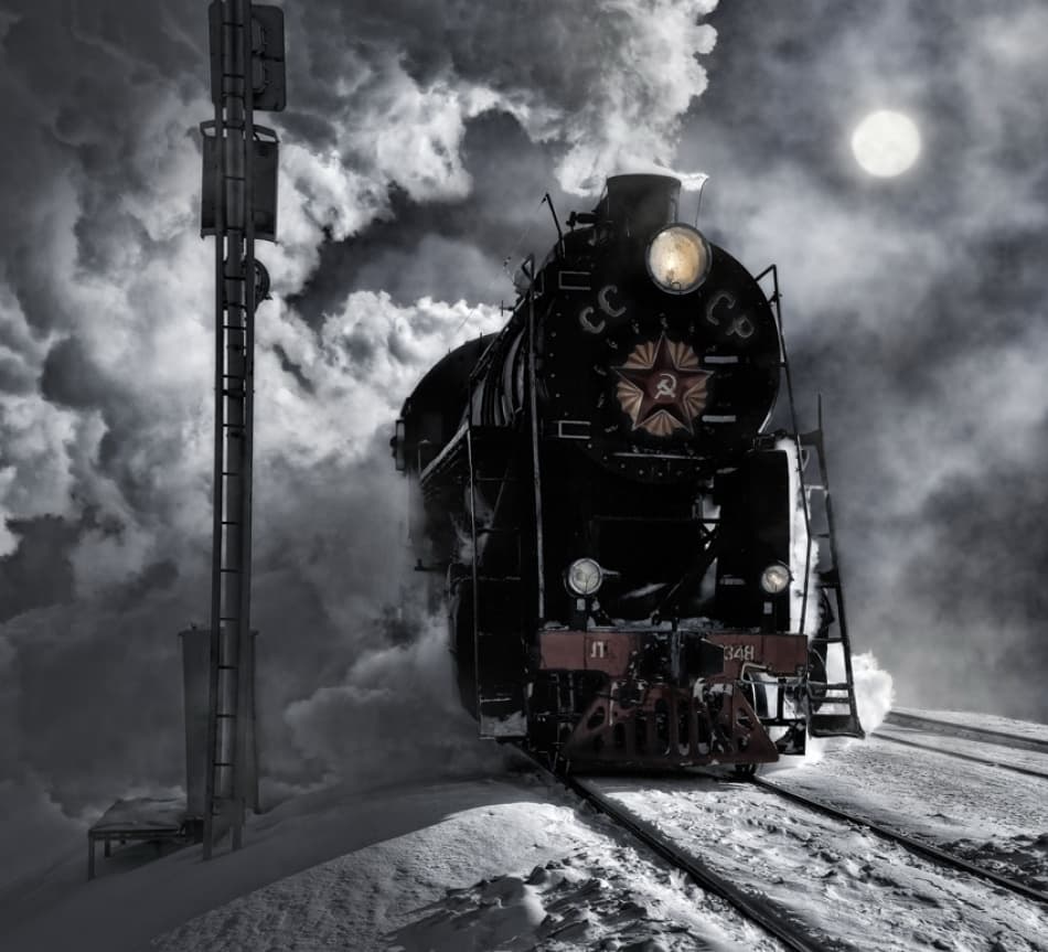 Steam Train Moonlight Snow by Dmitry Frizel — canvas wall art