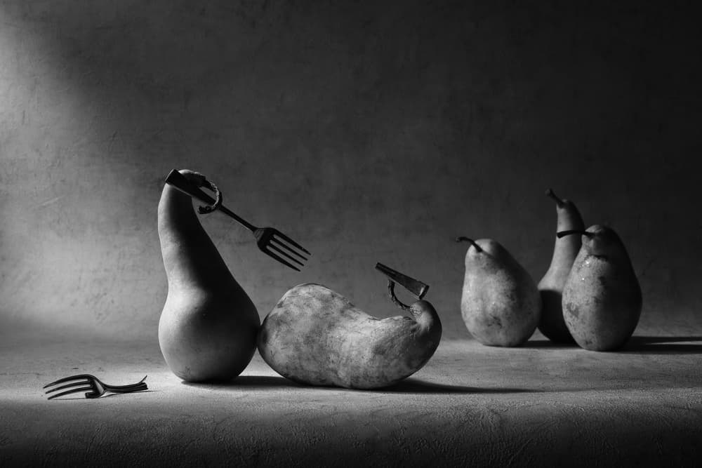 Pear Fork Stand-off by Victoria Glinka — canvas wall art