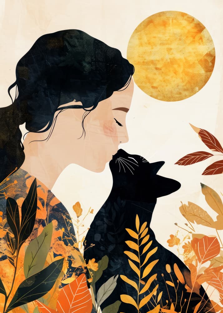 Woman and Cat's Autumn Kiss by Justyna Jaszke — canvas wall art