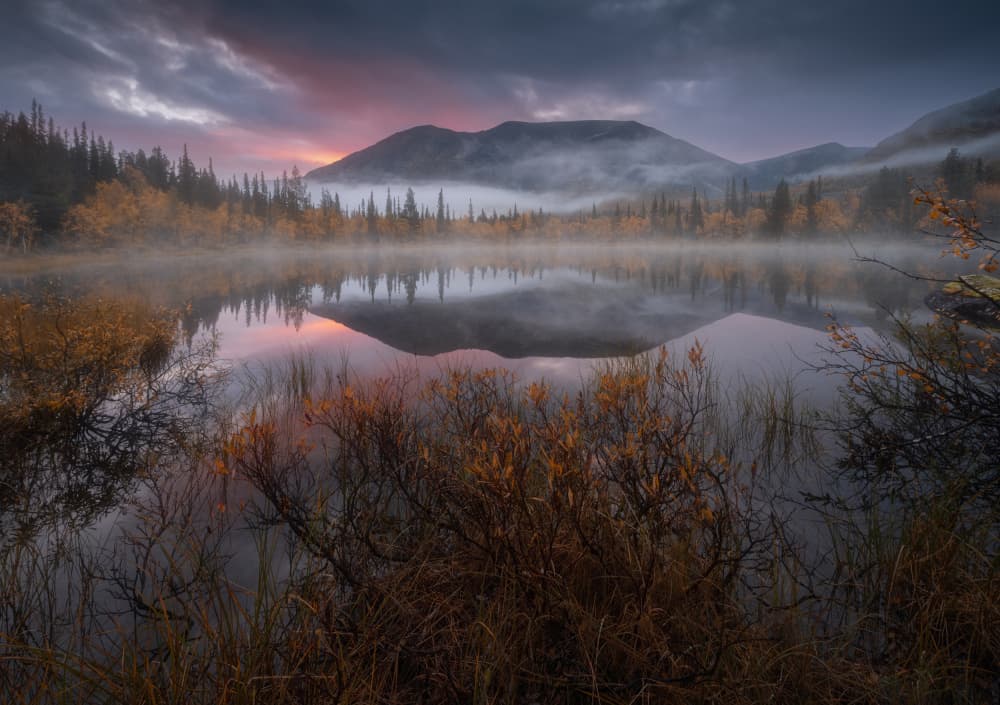 Misty Autumn Mountain Lake by Alexandr Kukrinov — canvas wall art