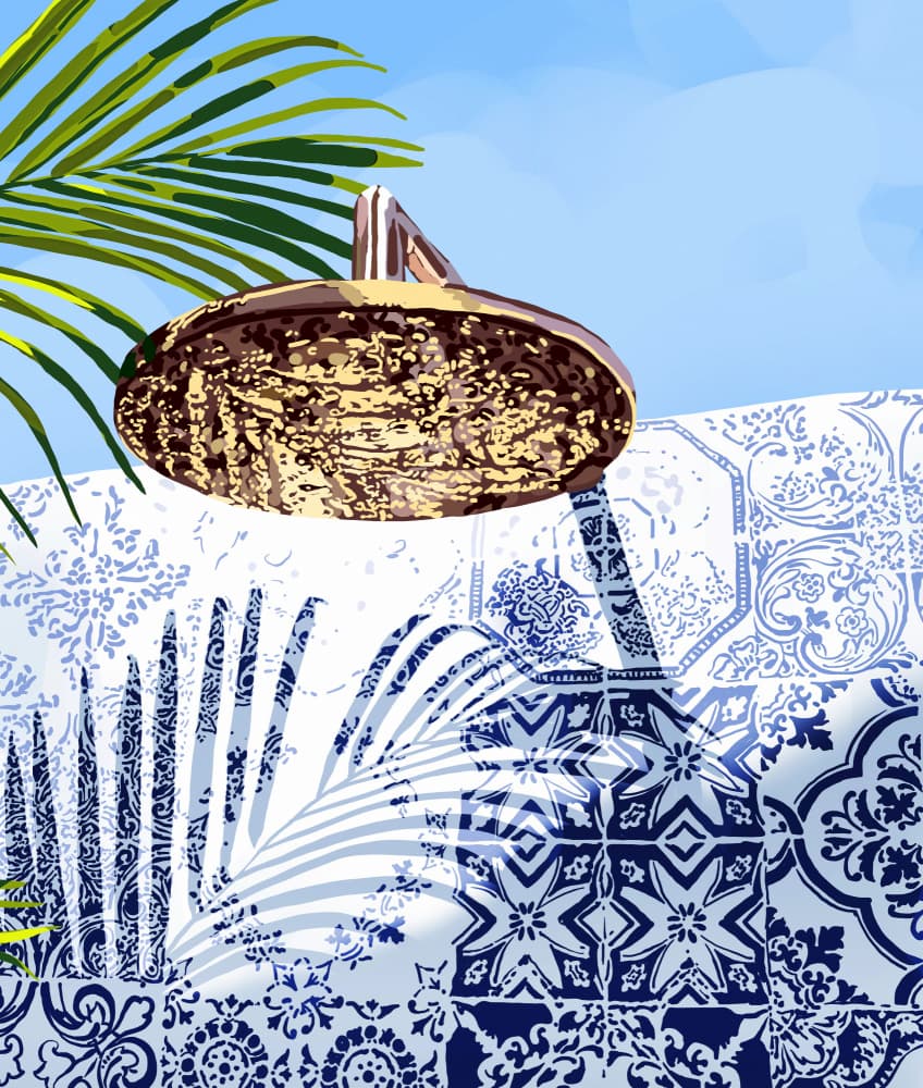 Outdoor Shower Blue Tiles by Uma Gokhale — canvas wall art