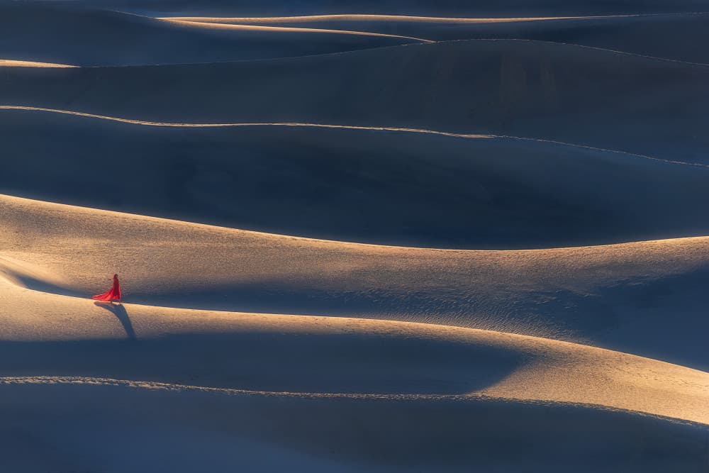 Golden Dunes Red Figure by Mei Xu — canvas wall art