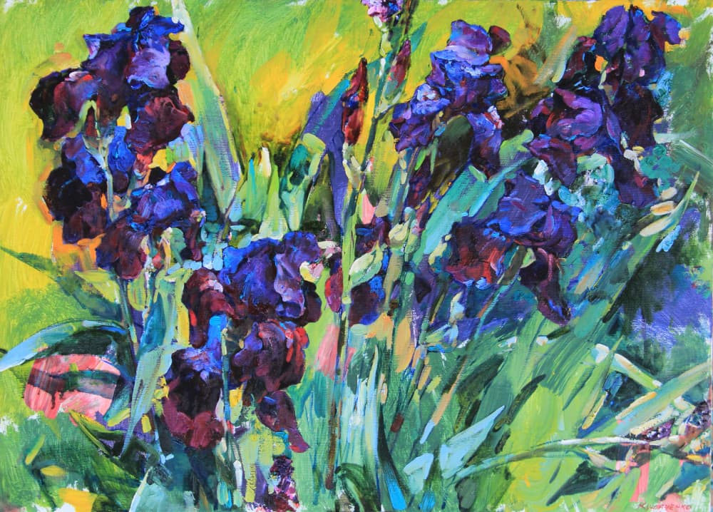 Vibrant Purple Irises by Andrii Kutsachenko — canvas wall art