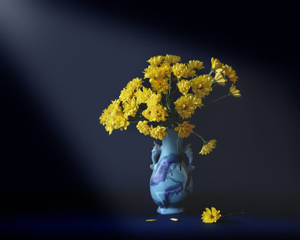 Golden Blooms Blue Vase by Hannah & Wei — canvas wall art