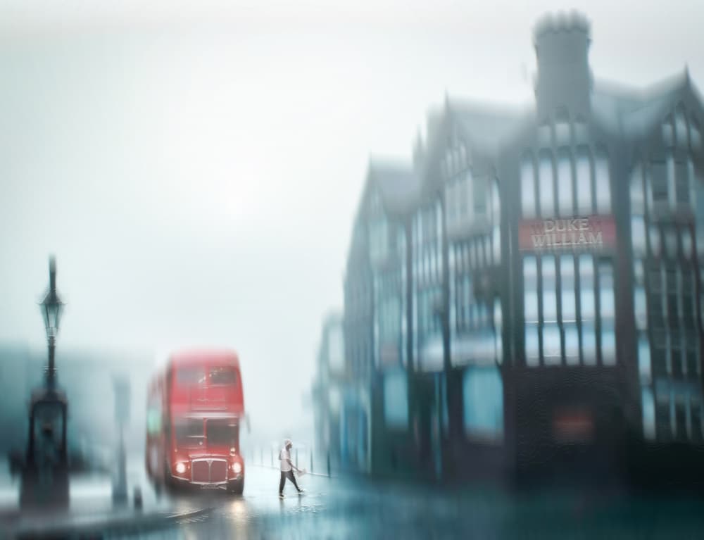 Misty London Bus Street by Amer Jassim — canvas wall art