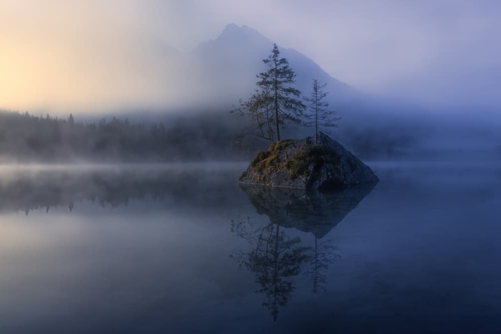 Misty Lake Island Morning by Jianping Yang — canvas wall art