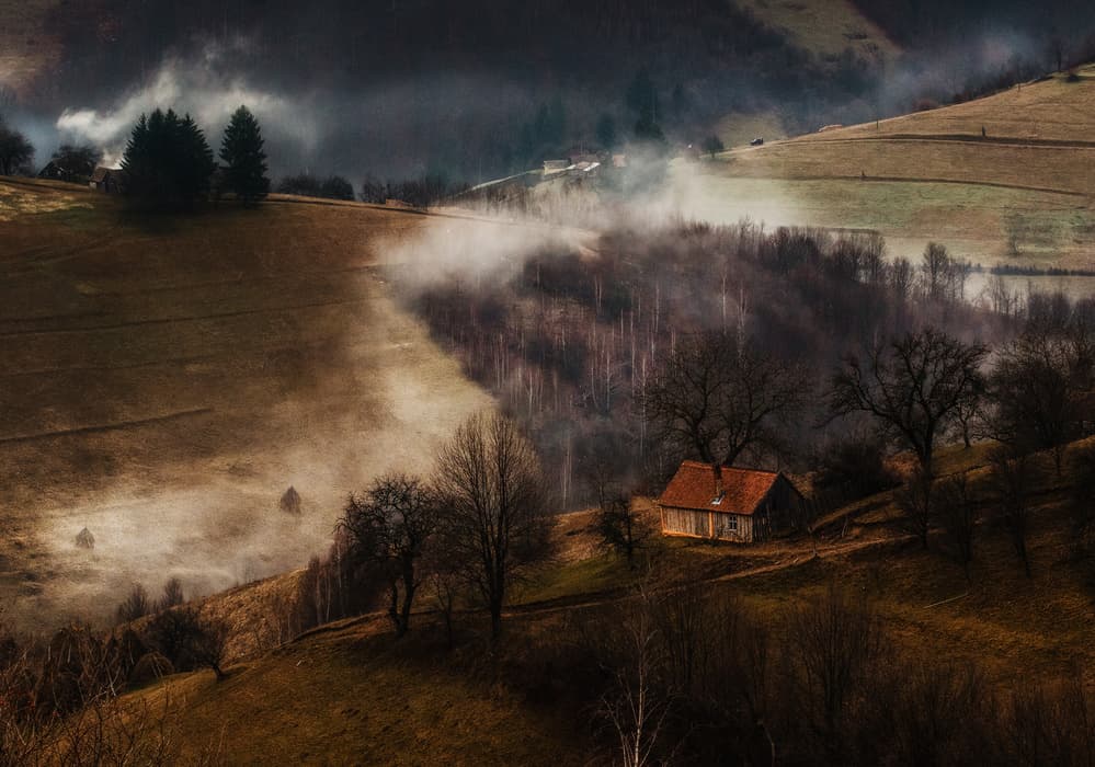 Misty Mountain Cabin by Stefan Miron — canvas wall art